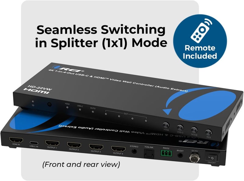 OREI 4K Video Wall Controller for Multi-Screen Display with HDMI and USB-C Inputs, 4K@60Hz Input and 1080p Output, 180° Rotation, RS-232 Control and Optical Audio Output - Image 2